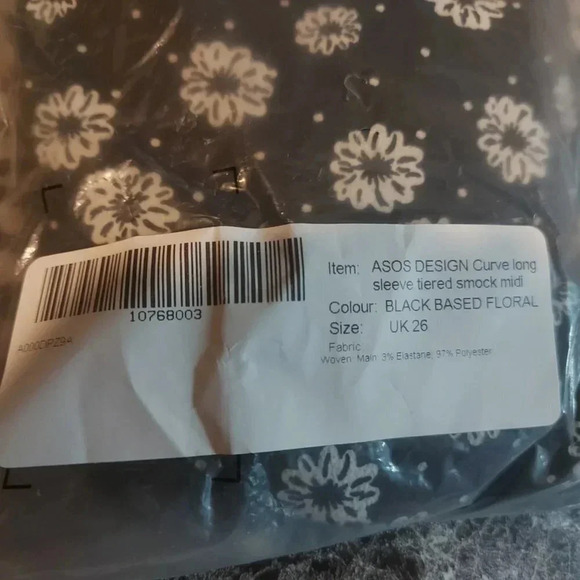 ASOS | Curve Long Sleeve Tiered Smock Midi Dress in Black &  White Floral Print - Picture 12 of 15